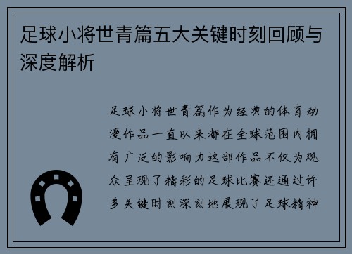 足球小将世青篇五大关键时刻回顾与深度解析